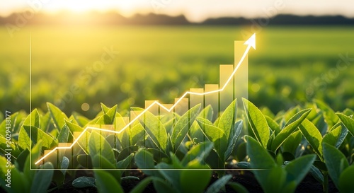 Green plant growth chart overlay on sunny field at sunrise