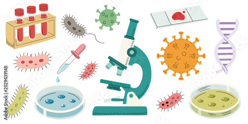 Canvastavla Microbiology and virology science elements in hand drawn cartoon style