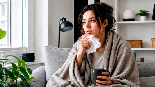 Sick young woman wrapped in a blanket holding a tissue and mug. Unwell female resting on couch at home with cold or flu symptoms. Healthcare and recovery concept