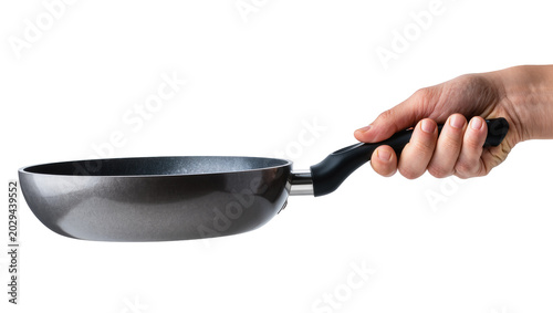 Foto Hand holding a dark grey non-stick frying pan with black handle
