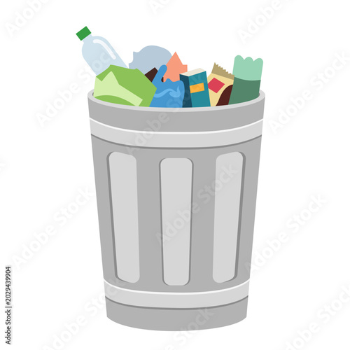 Full metal trash can overflowing with garbage and plastic waste isolated on white background. Design for environmental pollution, urban ecology issues, and recycling themes.