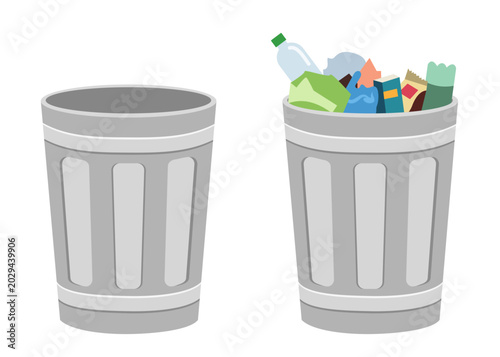Empty and full metal trash cans representing garbage disposal and waste management. Set with overflowing rubbish and clean bin for urban ecology and recycling designs.