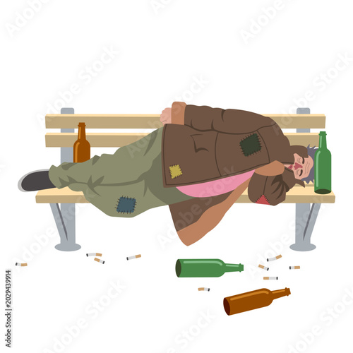 Poor drunk homeless man sleeping on a park bench surrounded by empty glass alcohol bottles and cigarette butts. Concept of alcoholism, poverty and social addiction.
