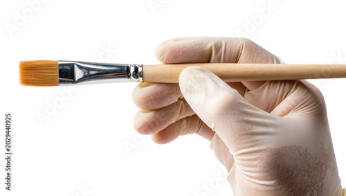 Foto Hand wearing latex glove holding flat paintbrush