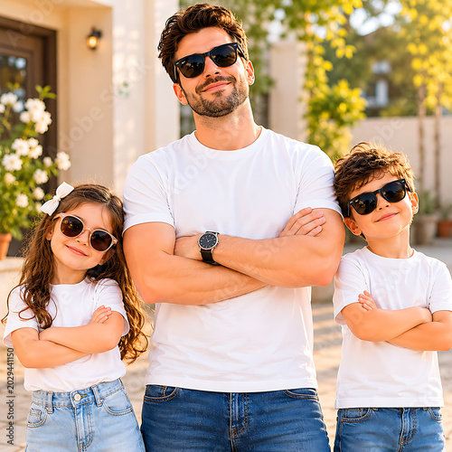 Stylish Father And Children Wearing Sunglasses In Matching White T-Shirts for mockup, 