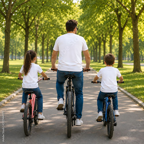 Father And Children Riding Bicycles in the Park