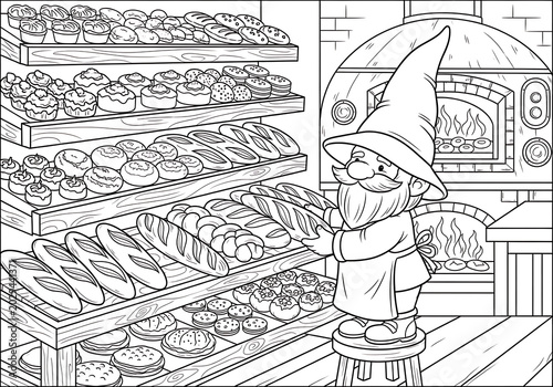 Gnome Baker Coloring Page with Bread and Oven