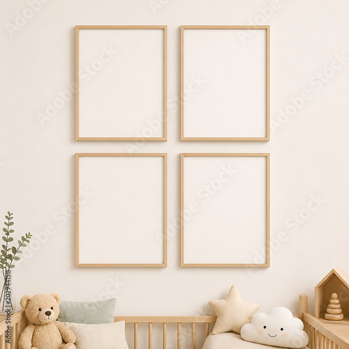 Four Blank Wooden Frames Mockup In Baby Nursery Room