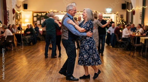 An elderly couple dances joyfully in a crowded hall. They are holding each other closely, smiling warmly at each other.