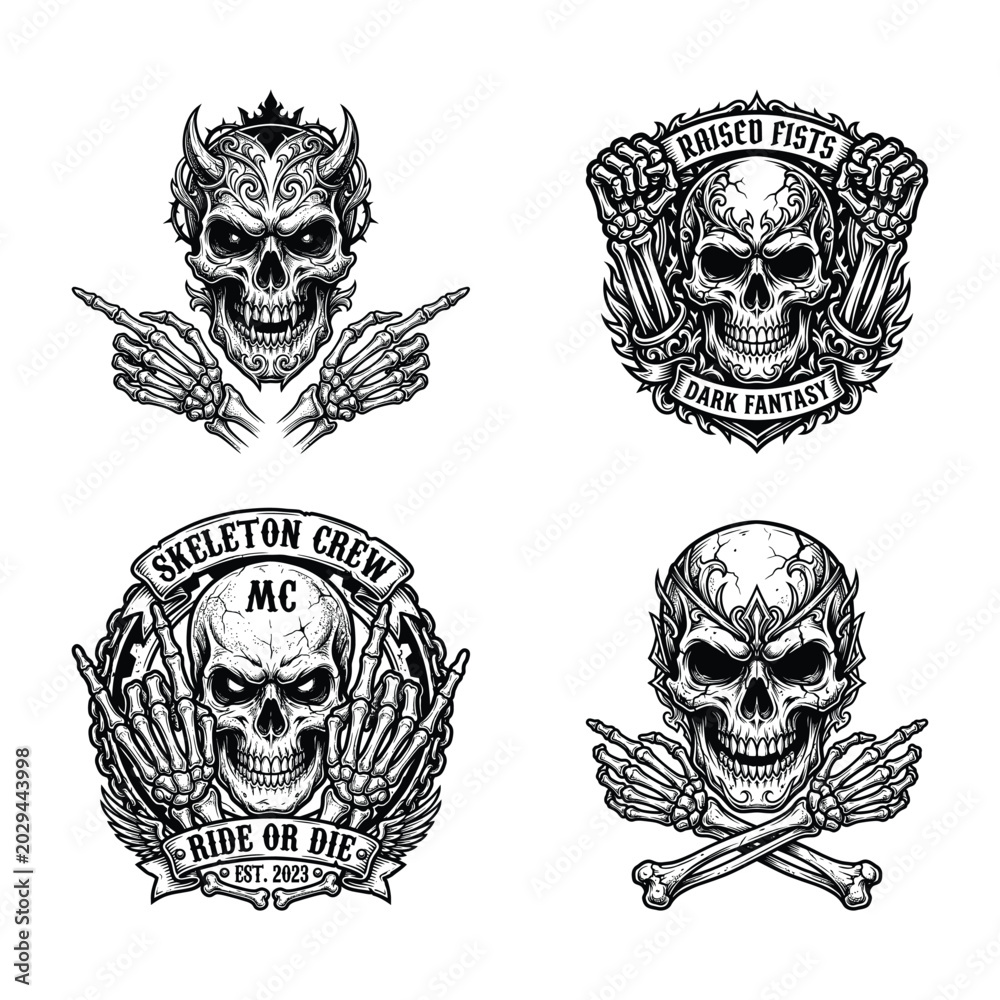 Fototapeta premium Set of four unique skull designs with various themes and typography