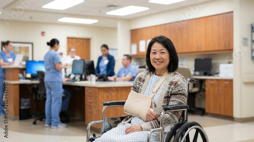 Asian Woman in Wheelchair with Broken Arm Smiles at Hospital Reception