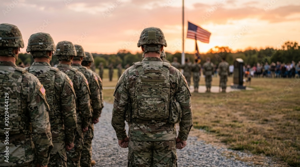 Fototapeta premium Close-up of soldiers in camouflage uniforms standing in formation during a service with the union jack flag and people in the blurry background