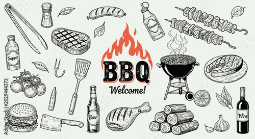 Vintage BBQ hand drawn vector set, retro barbecue grill and meat icons, rustic outdoor cooking elements for restaurant menu design