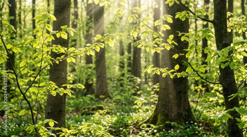 Fototapeta premium Sunlight streams through a dense forest of tall trees, illuminating a vibrant green undergrowth of new leaves and moss.