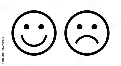 Minimalist smiley face icons, happy and sad emoji vector set, black line art feedback symbols for customer satisfaction surveys