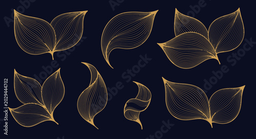 Golden line art leaves set, luxury botanical vector elements with elegant gold wireframe texture, decorative foliage collection for premium branding