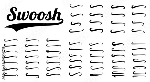 Vintage swoosh tail vector collection, retro baseball typography swashes, black script underline strokes for athletic logo design and lettering