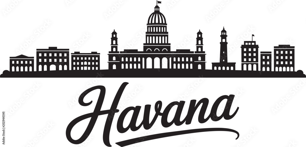 Obraz premium Havana skyline with famous buildings and landmarks in silhouette style, featuring historical architecture and a lighthouse, representing cuba's