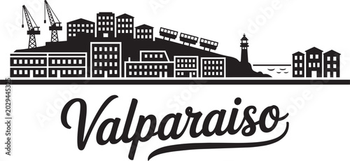 Foto Valparaiso city skyline vector illustration with historic buildings, 2 port cran
