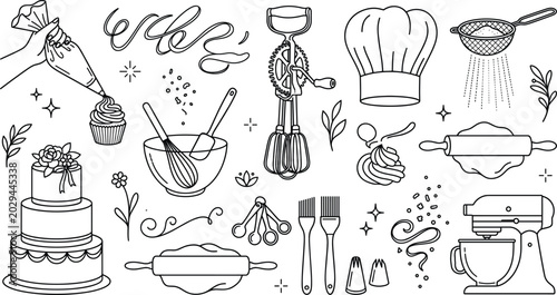 Cuadro en lienzo Baking and Pastry Cooking Tool Icon Set featuring Cake Stand Mixer Piping Bag an