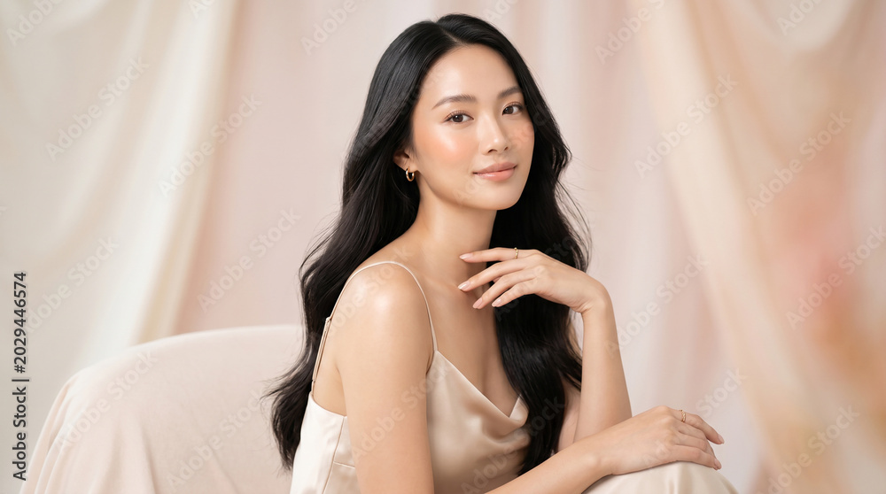 Naklejka premium portrait of a woman. Elegant beauty portrait of a young Asian woman with long silky black hair flowing gently, flawless glowing skin, soft natural makeup, wearing satin champagne-colored slip dress.