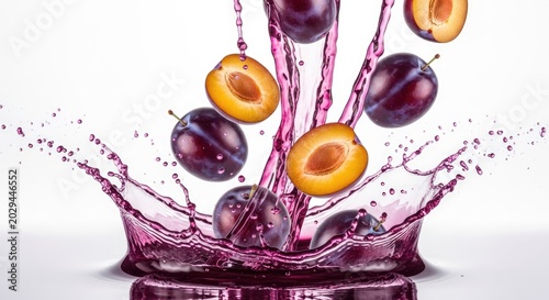 Plums and purple juice splash dramatically into a water droplet. The plums are falling into a large water droplet, creating a splash effect.