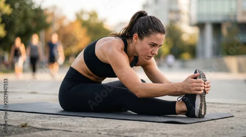 Fototapeta samoprzylepna young woman doing yoga. young woman doing stretching exercise. Close-up low-angle shot of a young athletic woman stretching on a fitness mat outdoors.