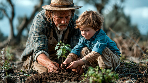 Caucasian grandfather teaching young boy to plant tree seedling outdoors, family bonding through gardening, sustainability and environmental education concept