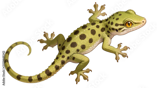 Картината върху платно Green gecko with dark spots and yellow eyes
