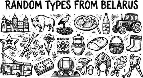 Belarusian Culture  Travel Doodles: Hand-drawn Black and White Line Art Icons of National Symbols, Landmarks, Food, and Everyday Objects from Belarus.