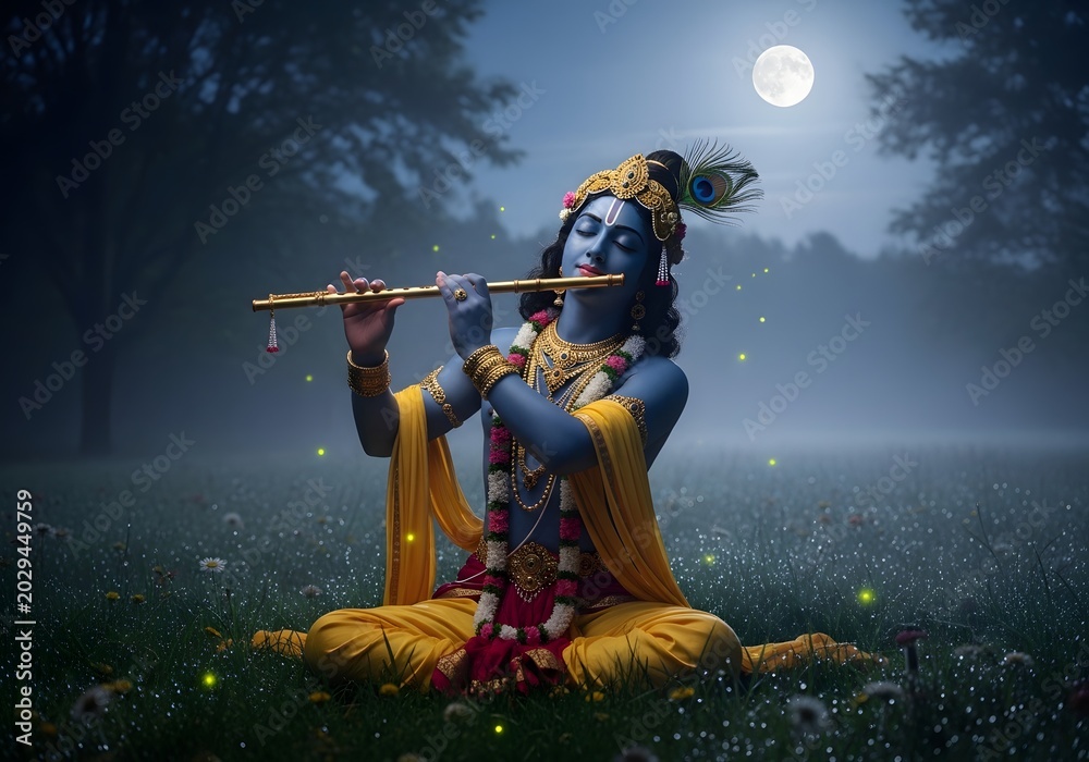 Fototapeta premium Lord Krishna playing flute in a mystical moonlit meadow with fireflies, embodying spiritual peace and tranquility under a full moon night.