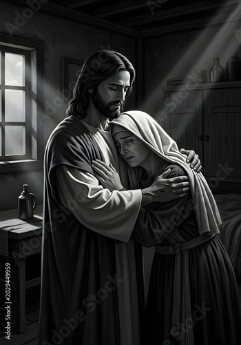 Jesus Christ Comforting Grieving Woman in Dark Room with Window Light, Expressing Compassion and Empathy