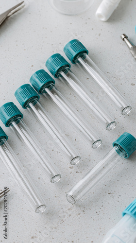 Glass Vials with Teal Caps:...