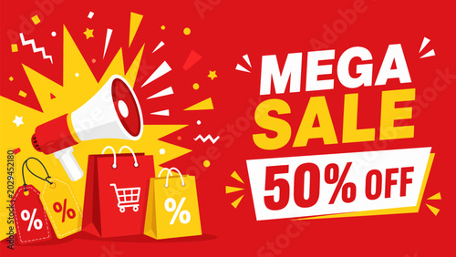 Schilderij op canvas Mega Sale Announcement: A vibrant red banner announces a mega sale with 50% off, featuring a megaphone, shopping bags, and discount tags, symbolizing great savings and exciting retail offers