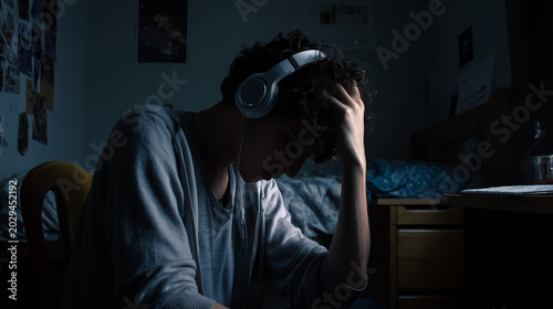 Depressed teenager listening to music in dark bedroom at night ,person crying, a man in a shirt sits in a chair with his hand thrown back on his forehead, man lying in bed, personi