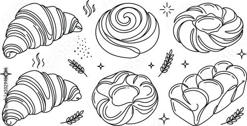 Obraz na płótnie Fresh Bakery Pastry Doodle Set featuring French Croissants Cinnamon Rolls Braide