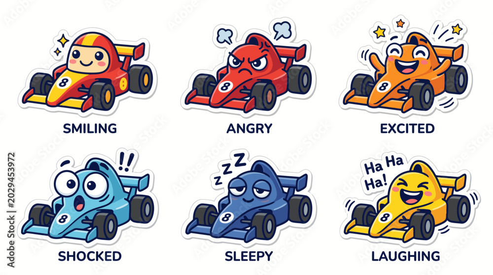 Fototapeta premium Cute formula race car character with expressive emotions, flat simple vector style, smiling, angry, excited, shocked, sleepy, laughing reactions, colorful cartoon mascot, clean outline, isolated white