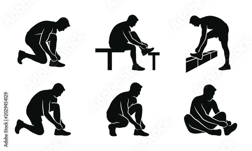 Shoe Tying Silhouette Collection, Athletic Footwear Lacing Icons, Sports Gear Preparation Graphics