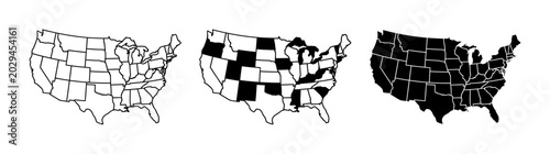 Foto USA Map States Set, Outline, Highlighted, Solid Black Vector Graphics