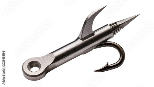 Fotografi Metal fishing lure hook with sharp barbs and eyelet