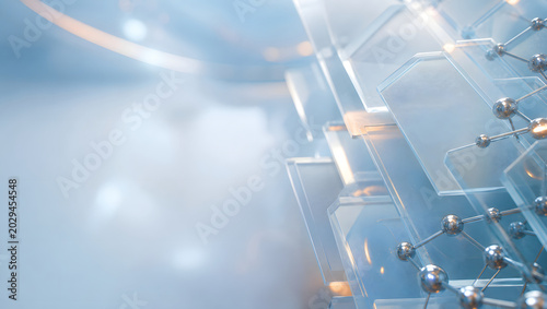 Abstract close-up of premium healthcare design featuring translucent glass and metallic lattices