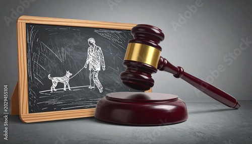 A gavel before a chalkboard sketch of dog walking, symbolizing justice, responsibility, and the intersection of law with everyday life.