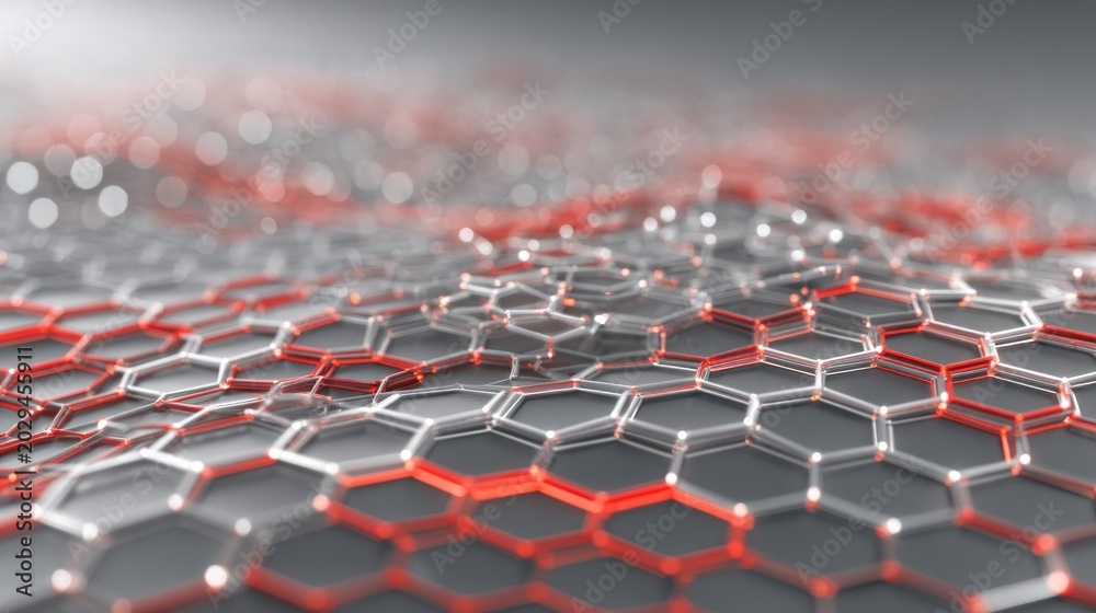 Naklejka premium Abstract hexagonal lattice structure, with red highlights and light effects, creating a futuristic, technological, and interconnected design