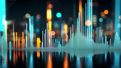 Abstract Audio Spectrum Visualization with Cityscape Background.