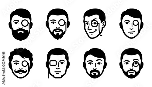 Foto Monocle Icons Set, Gentleman Faces Collection, Vintage Style Portraits, Classic