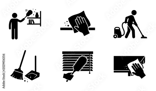 Tableau sur toile Home Cleaning Icons Set, Housekeeping Vector Graphics, Dusting and Vacuuming Sym