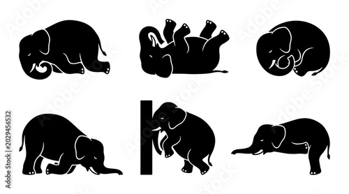 Canvas Print Playful Elephant Silhouettes Vector Set, Cute Animal Poses Collection, Black and