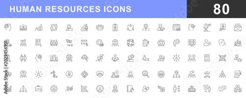 Set outline icons for HR, Human Resources, Recruitment, Employment, business, office, company, management. Editable stroke. Headhunting, career, resume, work group, candidate, job hiring. Vector