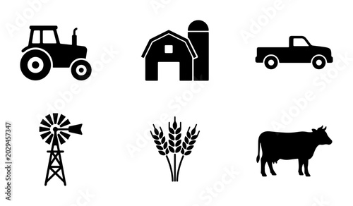 Bild auf Leinwand Farm Icons Set: Tractor, Barn, Pickup Truck, Windmill, Wheat, Cow Silhouettes fo