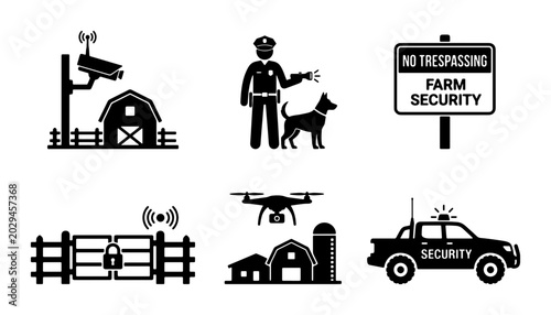 Bild auf Leinwand Farm Security Icons: Surveillance Cameras, Guard Dog Patrol, Drone Monitoring, G